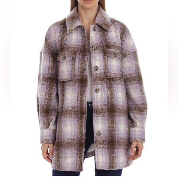 New Avec Les Fills Plaid Shirt Jacket Size Small in Brown/Lavender - Picture 3 of 16